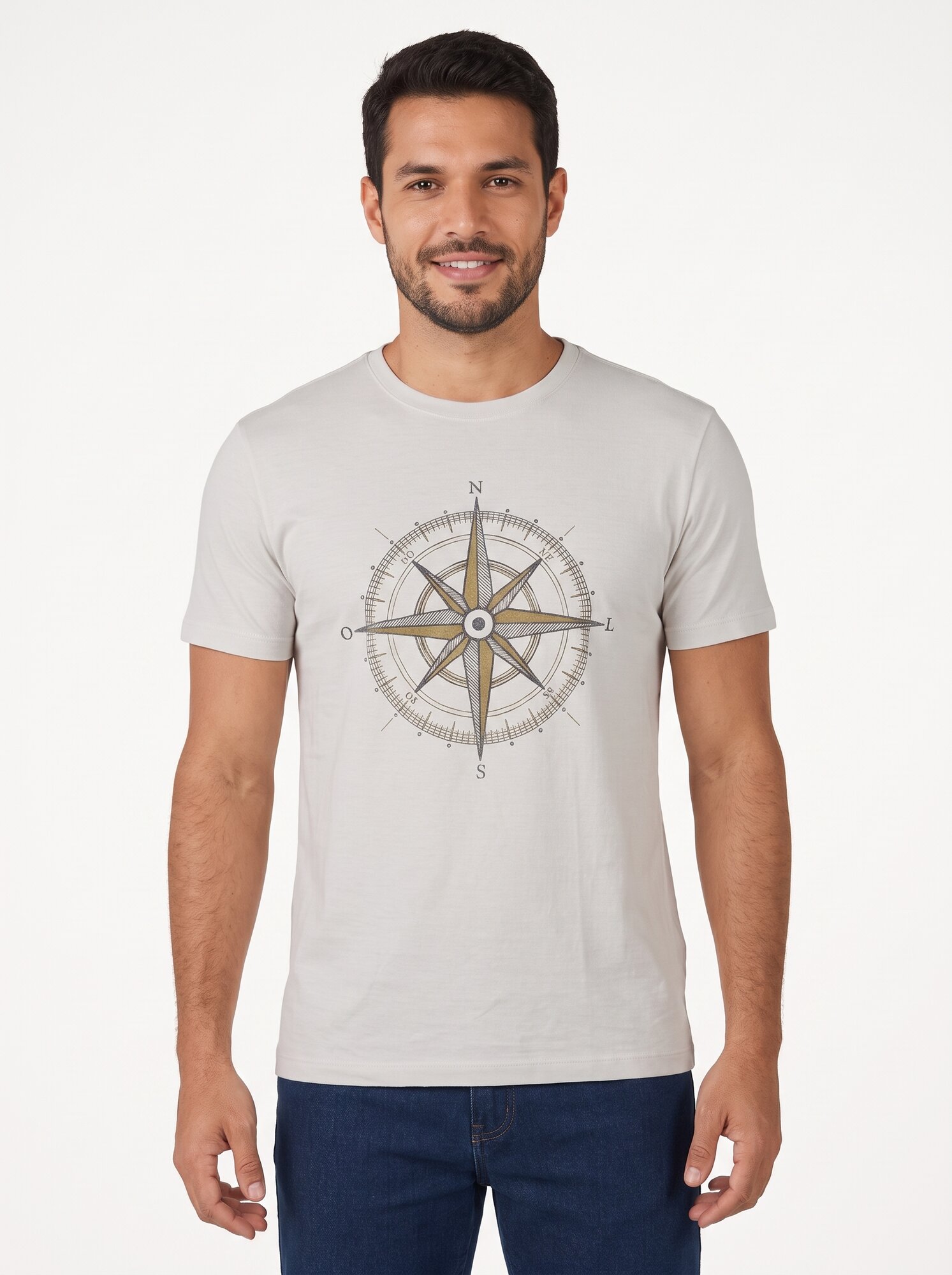 Camiseta Reta Masculina Branca com estampa Bússola.